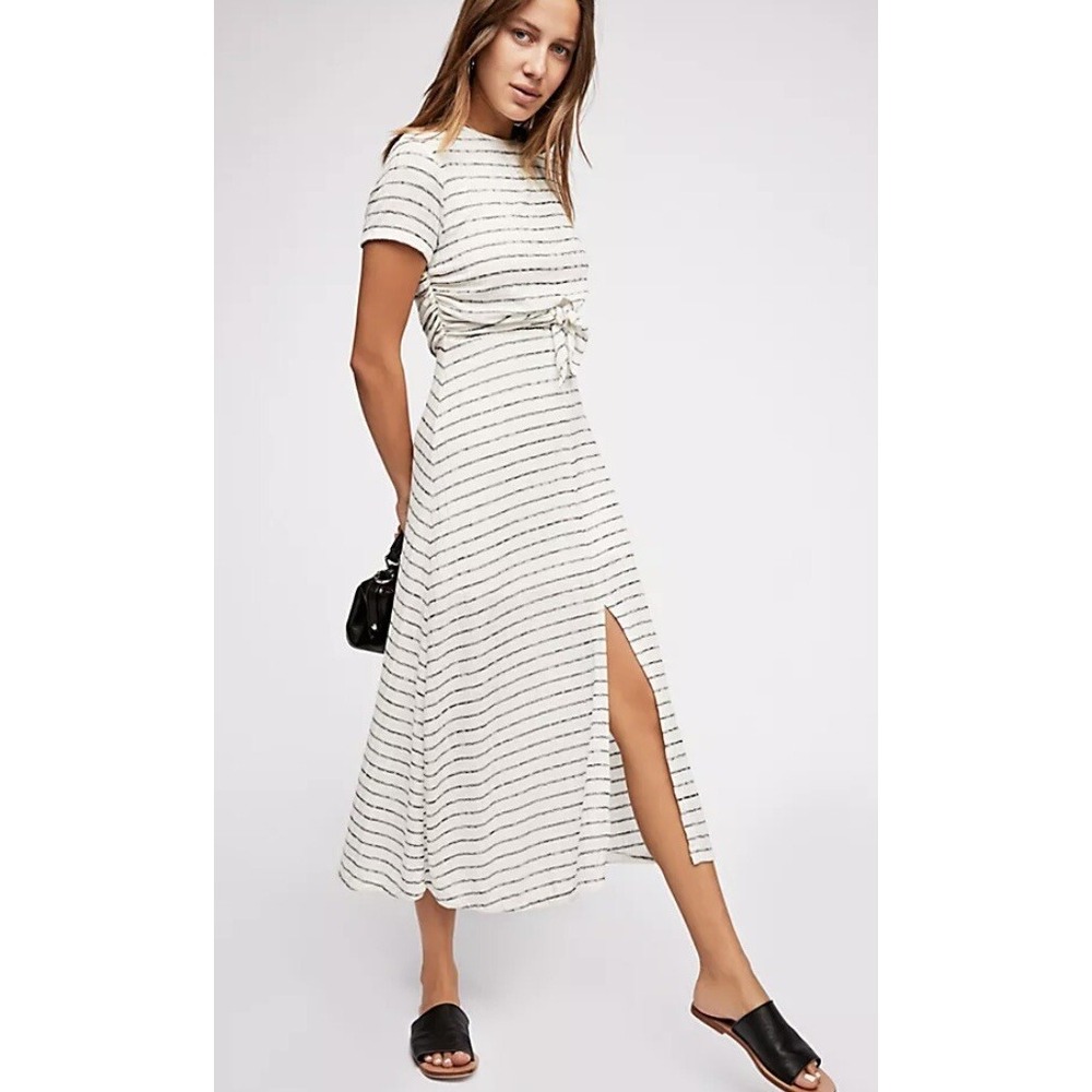 Free People Womens Striped Tie Front Ribbed Knit Maxi Dress Ivory Black Size XS